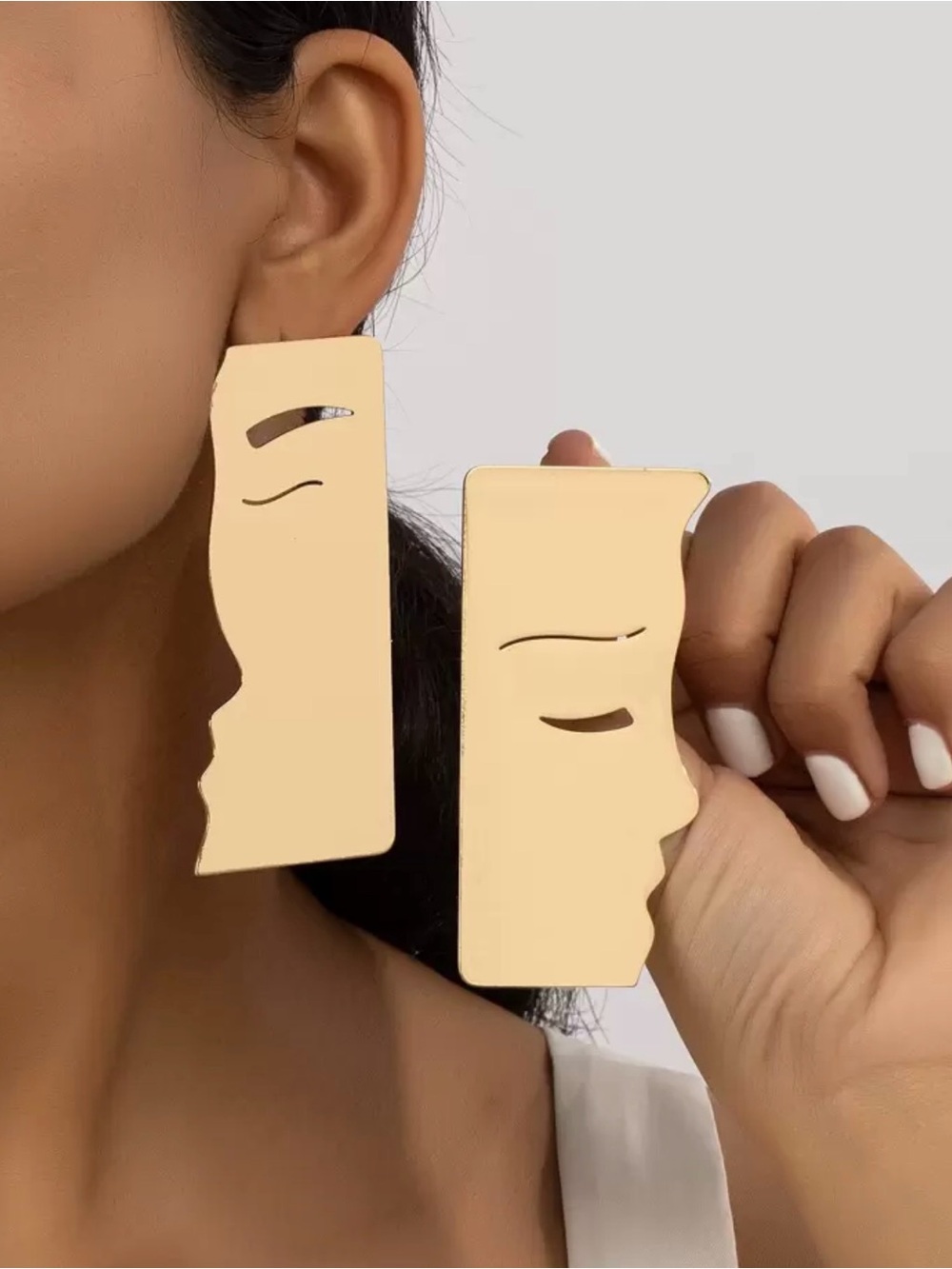 Modern Abstract Face Drop Earrings and Matching Bracelet Set- Gold